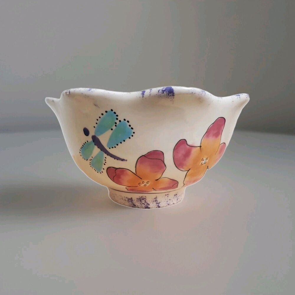 Blue Sky Bowl Ceramic Gold Floral Green & Purple Scalloped 6" Handmade Cottage